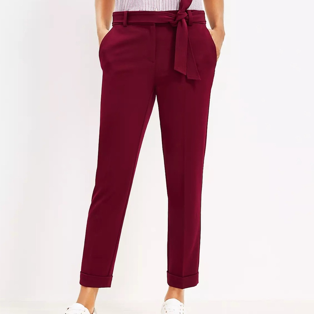LOFT Devin tie waist slim burgundy dress pants